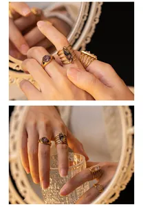Detailed shot of vintage gold titanium steel ring set with elegant zircon inlay