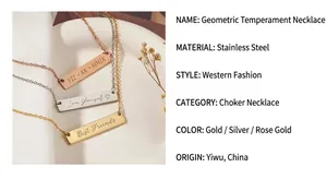 Detailed view of three stainless steel bar necklaces with various custom engravings