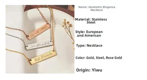 Detailed view of three stainless steel bar necklaces with various custom engravings