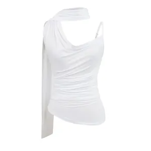 Elegant white draped one-shoulder halter neck sleeveless vest top for ladies summer