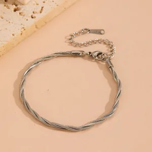 Detailed view of silver titanium steel triple twisted snake chain bracelet