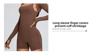 Close-up of brown athletic romper and shrug with functional thumb hole detail.