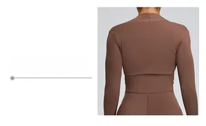 Back view detail of brown long sleeve cropped sports shrug for women yoga and fitness