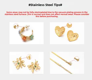 Close-up details of gold plating on stainless steel earrings and chain necklace