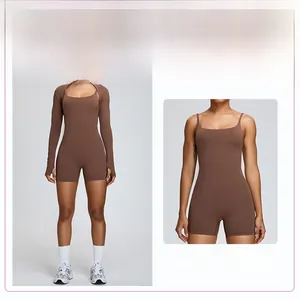 Detailed view showing the brown fitness bodysuit paired with a matching long-sleeve shrug.