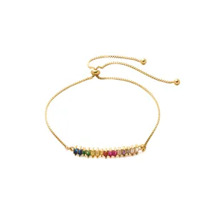 Dainty adjustable gold-tone box chain bracelet with vibrant rainbow rectangular cubic zirconia
