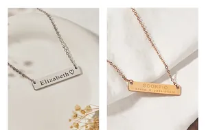 Close-up detail of personalized engraved bar necklaces in silver and rose gold finishes