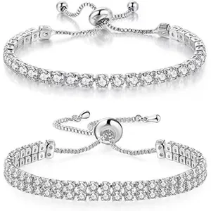 Elegant silver-toned zircon tennis bracelets featuring an adjustable slider clasp