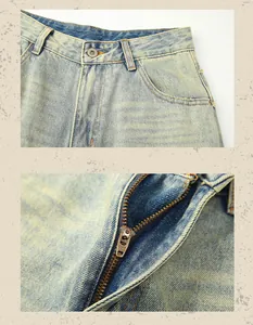 Detailed view of the durable metal zipper and waist pocket design on vintage washed denim pants