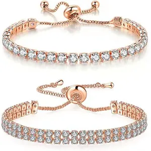 Rose gold adjustable tennis bracelets with clear cubic zirconia stones for women