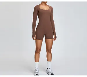 Brown nude-feel sports shawl paired with tight long-sleeve fitness jumpsuit set