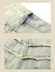 Close-up macro detail of American vintage light blue washed denim jeans with frayed edges