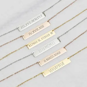 Customized engraved horizontal bar necklaces in gold, silver, and rose gold finishes.