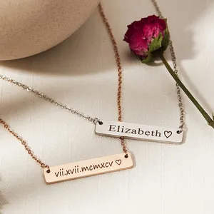 Minimalist personalized engravable bar necklace for women in rose gold and silver