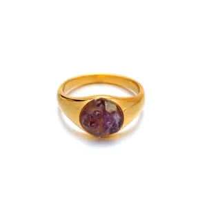 Vintage style gold-plated titanium steel ring featuring a raw purple amethyst stone