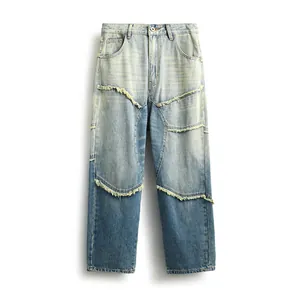 American retro loose fit washed jeans for men with distressed raw edge detailing