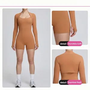 Nude-feel caramel sports shrug and yoga bodysuit set with functional thumb holes detail
