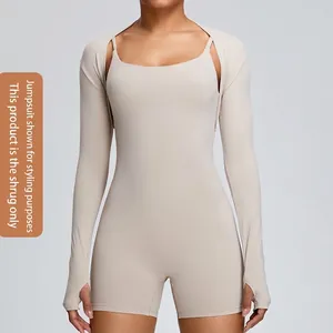 High elasticity beige athletic shrug for women with long sleeves and thumb holes