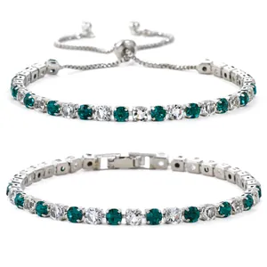 Zilverkleurige tennisarmbandenset met smaragdgroene en witte zirkonia-kristallen
