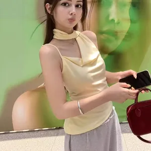 Summer chic yellow halter-neck camisole vest for women, sleeveless designer tank top