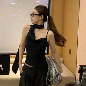Chic black pleated halter neck camisole for women summer street style fashion outfit