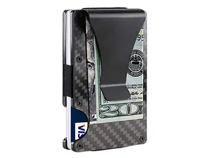 Detail shot of a carbon fiber RFID blocking wallet with a black metal money clip