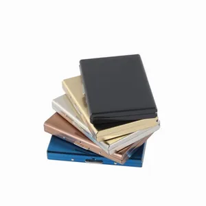 Stack of five slim stainless steel card holders in assorted colors for credit cards