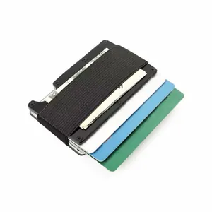 Minimalist black metal credit card holder with elastic band and RFID blocking feature