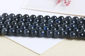 Close-up macro detail of natural labradorite beads showing intense blue flash effect