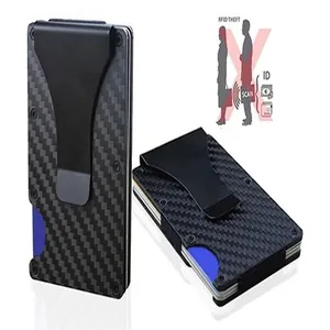 Carbon fiber RFID-blocking card holder with metal money clip and theft prevention diagram