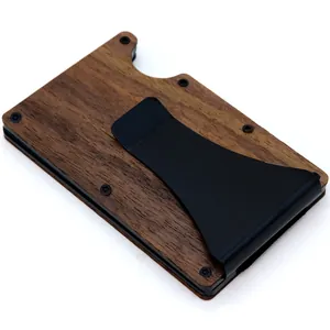 Detailed close-up of a wooden RFID blocking wallet featuring a black metal money clip