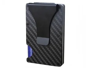 Detailed view of carbon fiber texture and metal money clip on minimalist RFID wallet