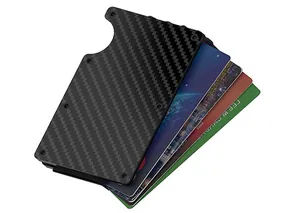 Macro detail of minimalist carbon fiber RFID blocking wallet showing card capacity