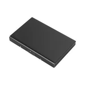 Macro view of a sleek black stainless steel business card holder with secure latch
