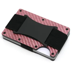 Pink carbon fiber RFID blocking metal card holder for men with black elastic clip
