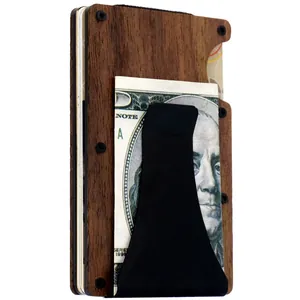 Close-up showing the premium walnut wood texture and black metal clip of this RFID wallet.