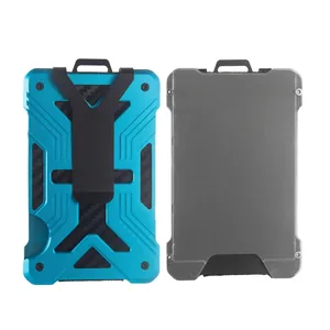 Close-up detail showing the front and back views of a blue RFID carbon fiber card holder