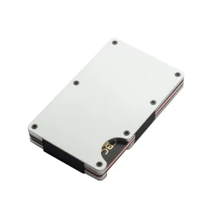 Detailed macro view of a silver minimalist metal cardholder featuring elastic bands and screws