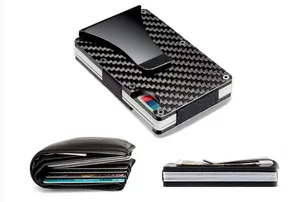 Slim carbon fiber RFID blocking wallet with metal money clip and card slots