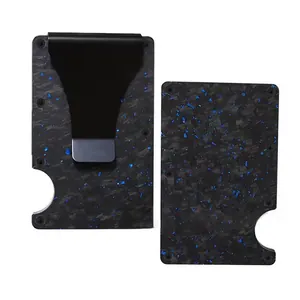 Minimalist RFID forged carbon fiber wallet with blue foil flakes and integrated money clip