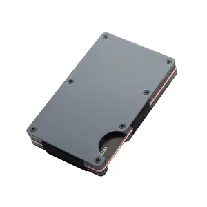 Minimalist grey aluminum credit card holder with secure black elastic band design