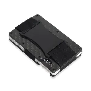 Close-up of carbon fiber RFID blocking card holder with metal money clip