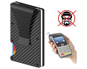 Close-up of carbon fiber RFID blocking card holder wallet with anti-theft feature