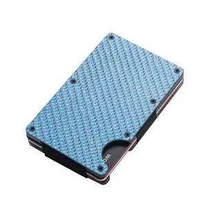 Detailed view of a slim blue carbon fiber RFID blocking metal wallet with elastic band