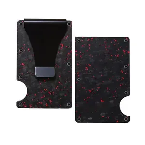 Detailed front and back view of a carbon fiber RFID blocking wallet with red accents