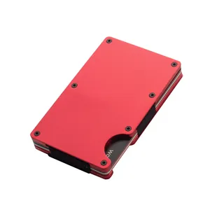 Detailed close-up of a red RFID blocking metal wallet with a durable elastic band design.