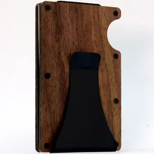 Detailed back view of wood grain RFID blocking card holder with black metal clip