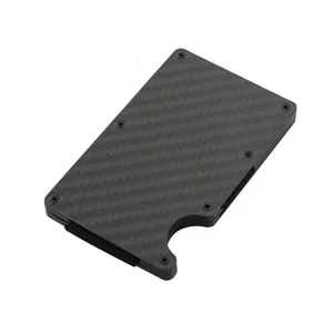 Detailed macro view of black carbon fiber RFID blocking cardholder with screw assembly