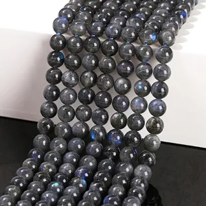 Natural Grey Moonstone Labradorite Round Loose Beads With Strong Blue Sheen Polished Gemstone For DIY Jewelry Making Accessories