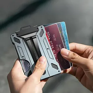 Detail view of a slim aluminum alloy RFID blocking wallet holding multiple credit cards